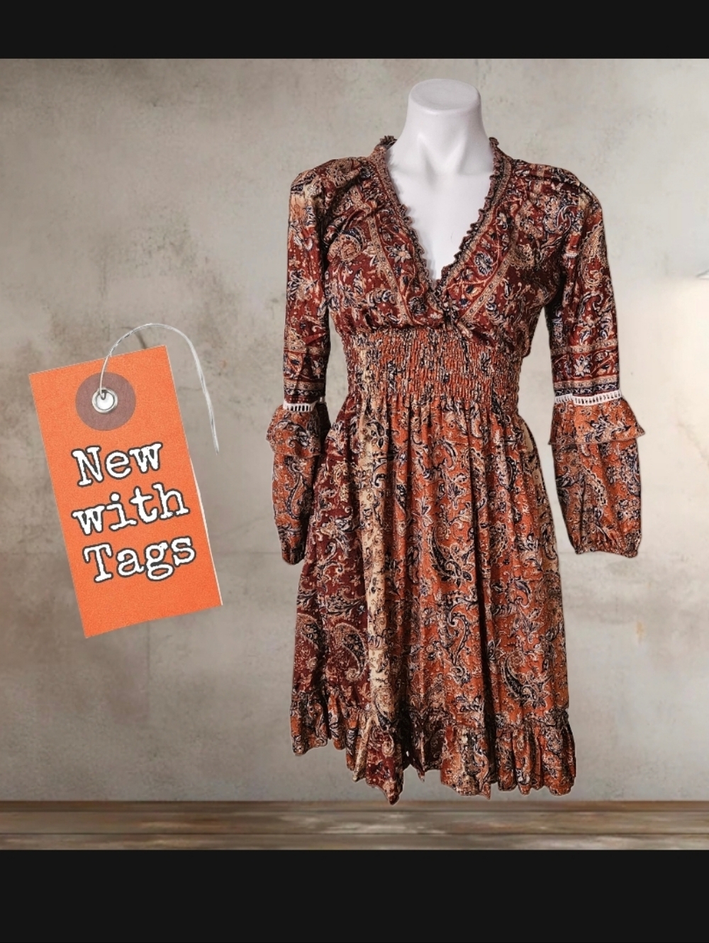 NWT/ Cienna Boho Paisley Smocked V-Neck Mini Dress - Rust Multi Small